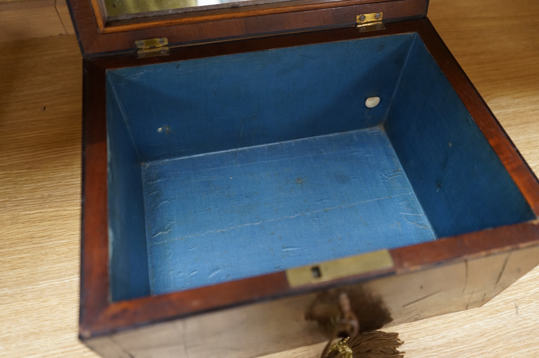 A Victorian brass mounted and inlaid rosewood sewing box together with a mahogany box